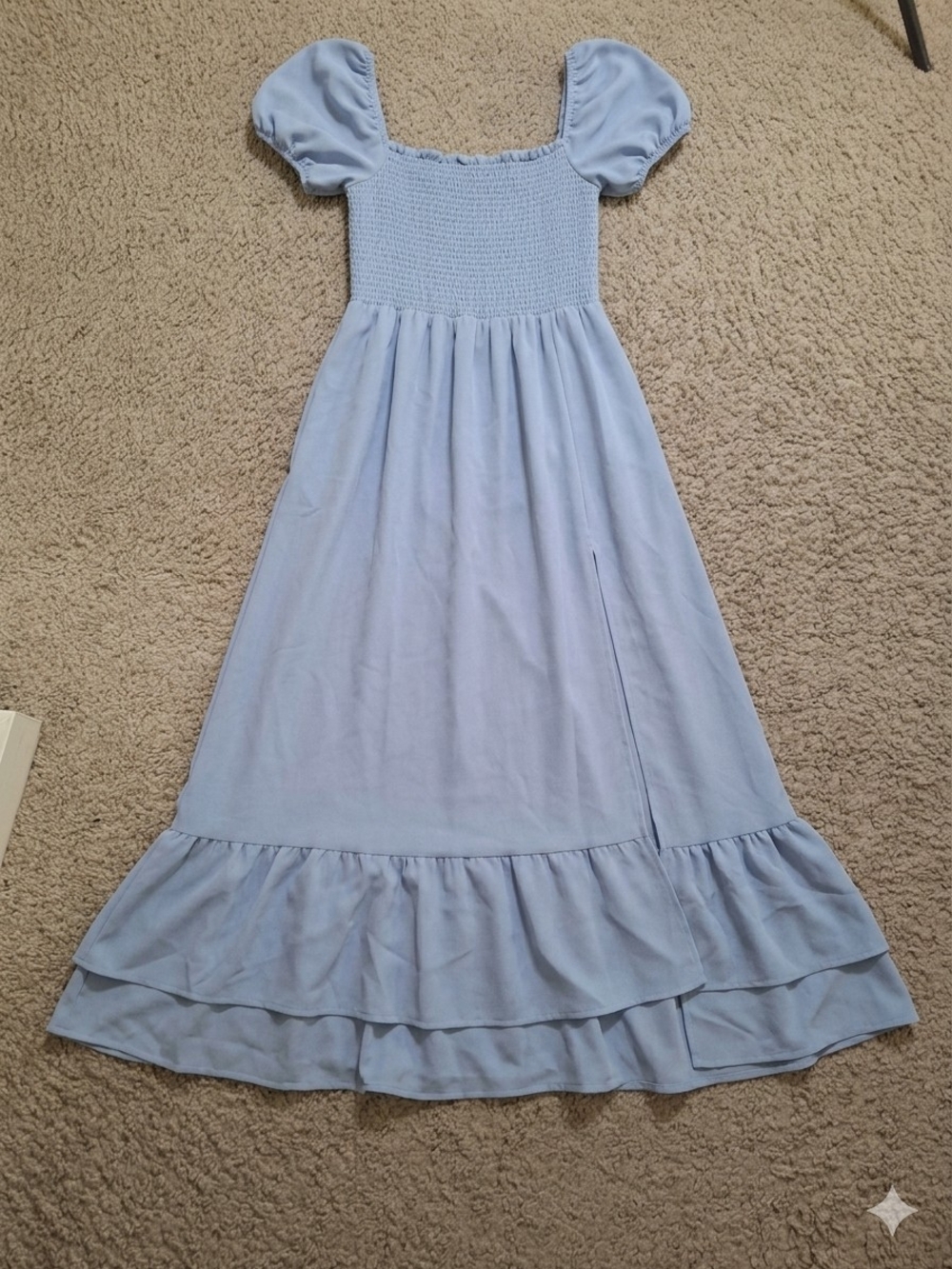 Reformation Blue Smocked Bodice Midi Dress Puff Sleeve Ruffle Hem Side Slit Sz L - Picture 2 of 7
